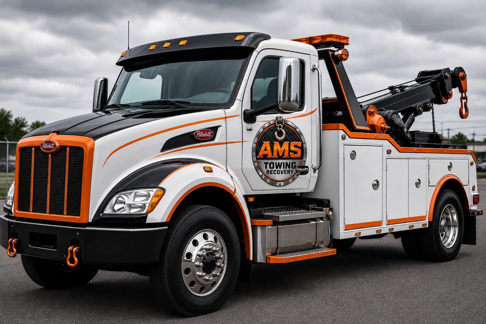 An AMS Towing & Recovery wrecker with an integrated boom, in the company's white and orange livery